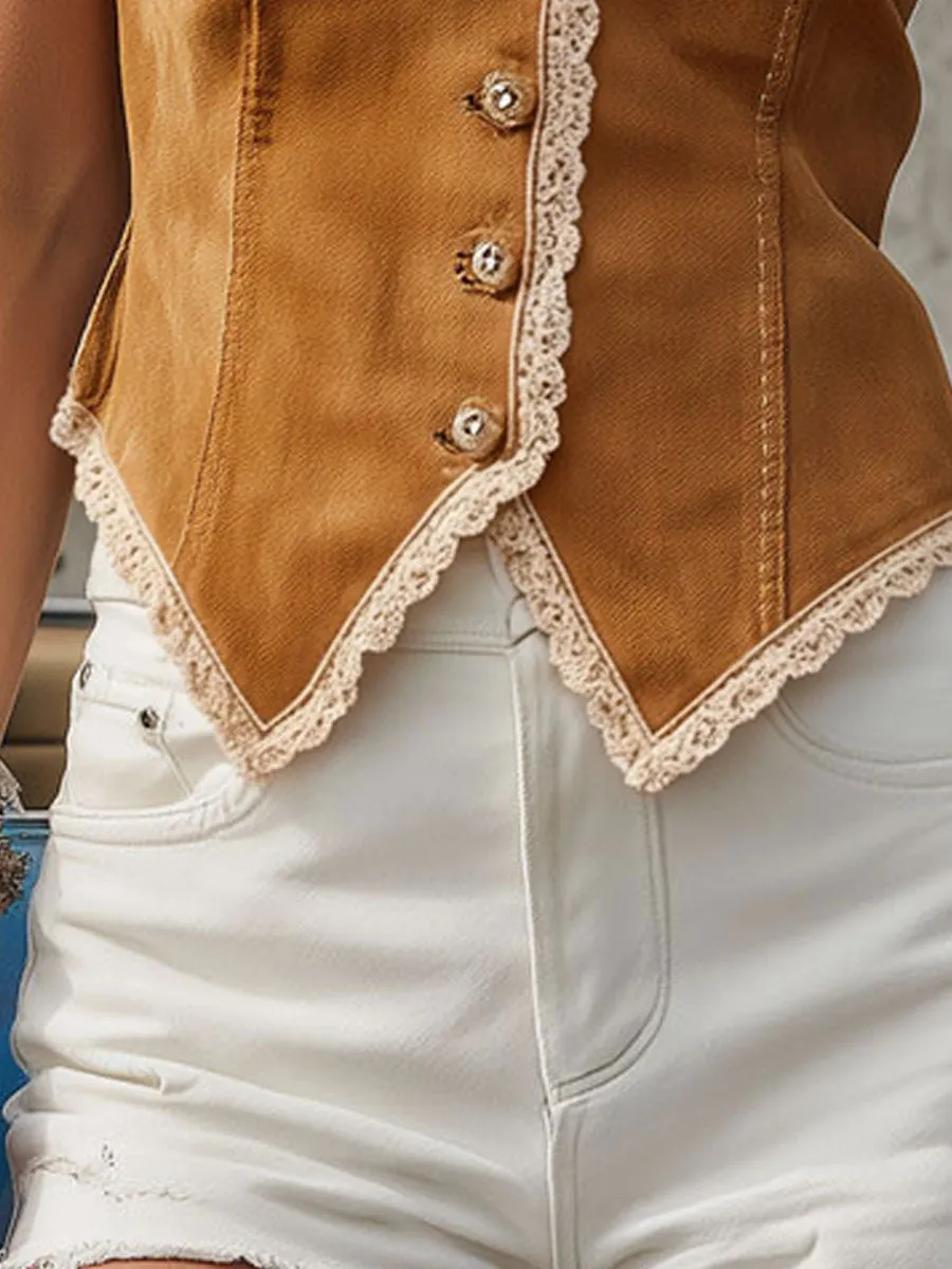 Western Retro Lace-trimmed Camel Denim Vest sold by Oyrosy product image thumbnail 5
