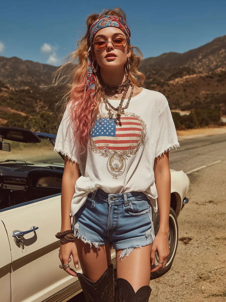 Western Retro Frayed American Flag Print White Cotton Short-Sleeve T-Shirt sold by Oyrosy product image thumbnail 2