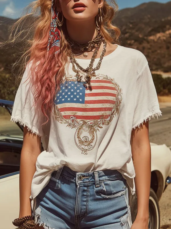Western Retro Frayed American Flag Print White Cotton Short-Sleeve T-Shirt made by Oyrosy