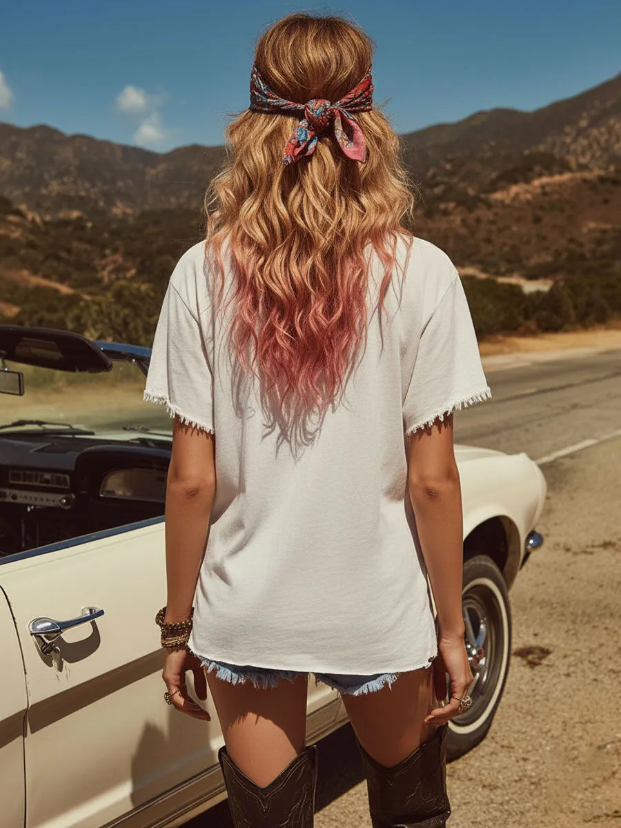 Western Retro Frayed American Flag Print White Cotton Short-Sleeve T-Shirt sold by Oyrosy product image thumbnail 3
