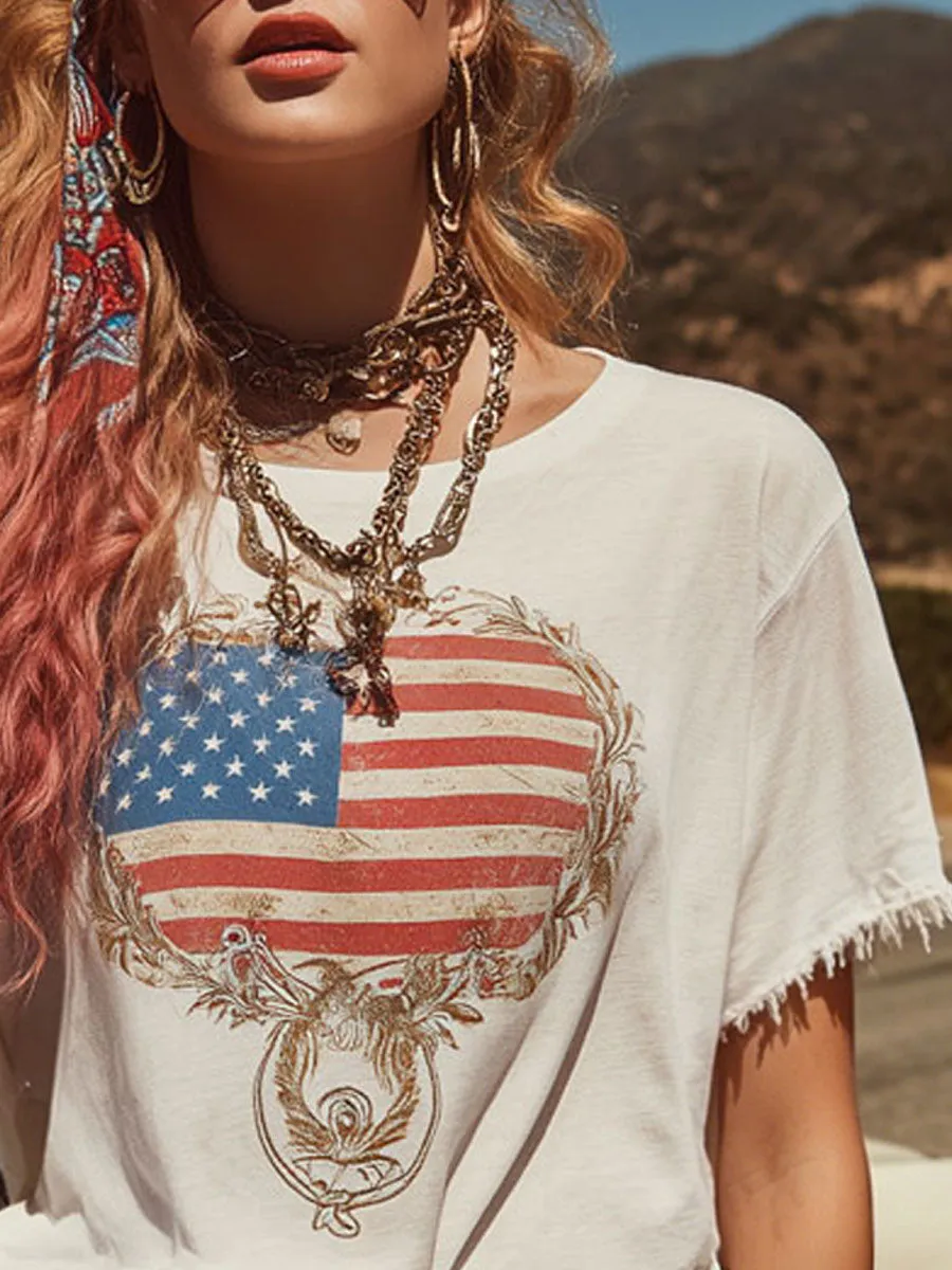 Western Retro Frayed American Flag Print White Cotton Short-Sleeve T-Shirt sold by Oyrosy product image thumbnail 4