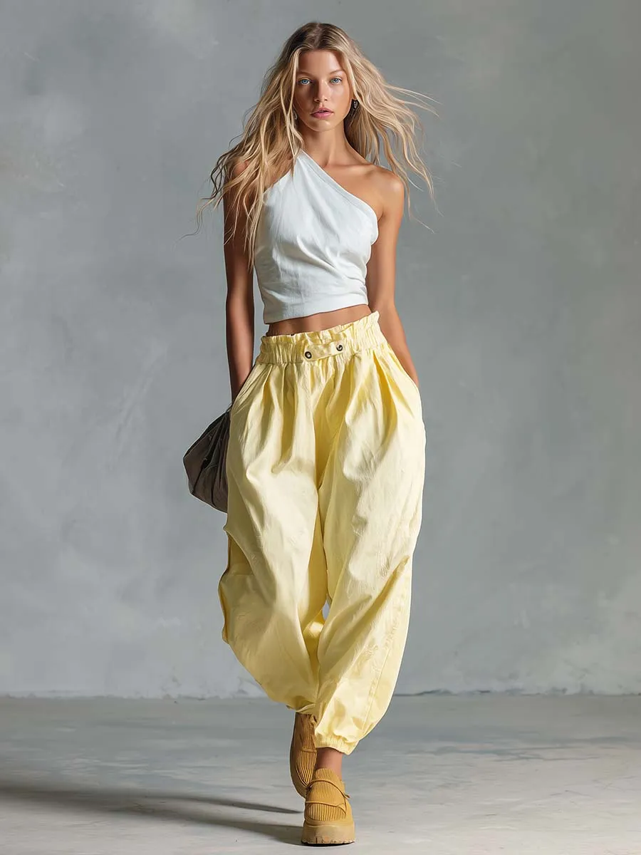 Casual Fashion White Cotton-Linen One-Shoulder Top And Light Yellow Pants Set sold by Oyrosy product image thumbnail 2