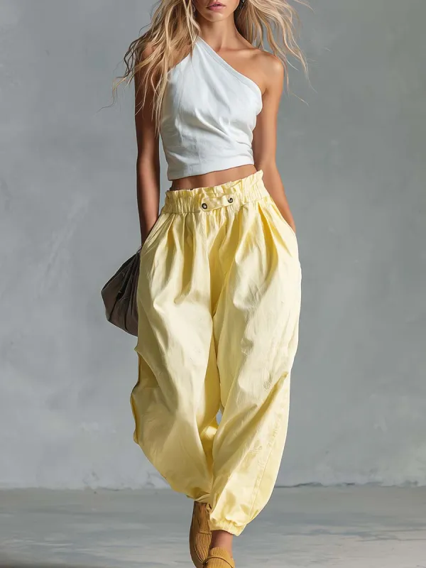 Casual Fashion White Cotton-Linen One-Shoulder Top And Light Yellow Pants Set made by Oyrosy