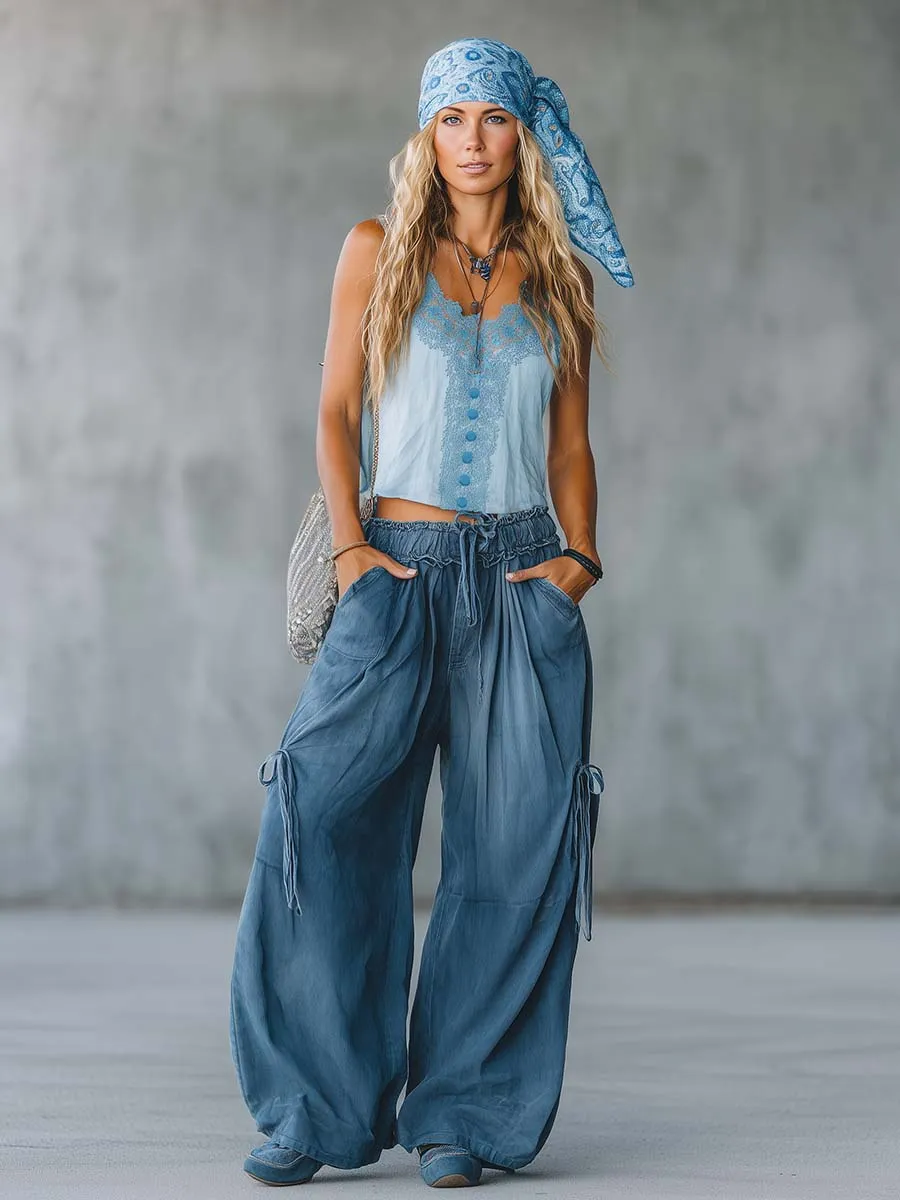 Retro-Casual Bohemian Light Blue Cotton-Linen Top And Dark Blue Denim Jeans Set sold by Oyrosy product image thumbnail 2