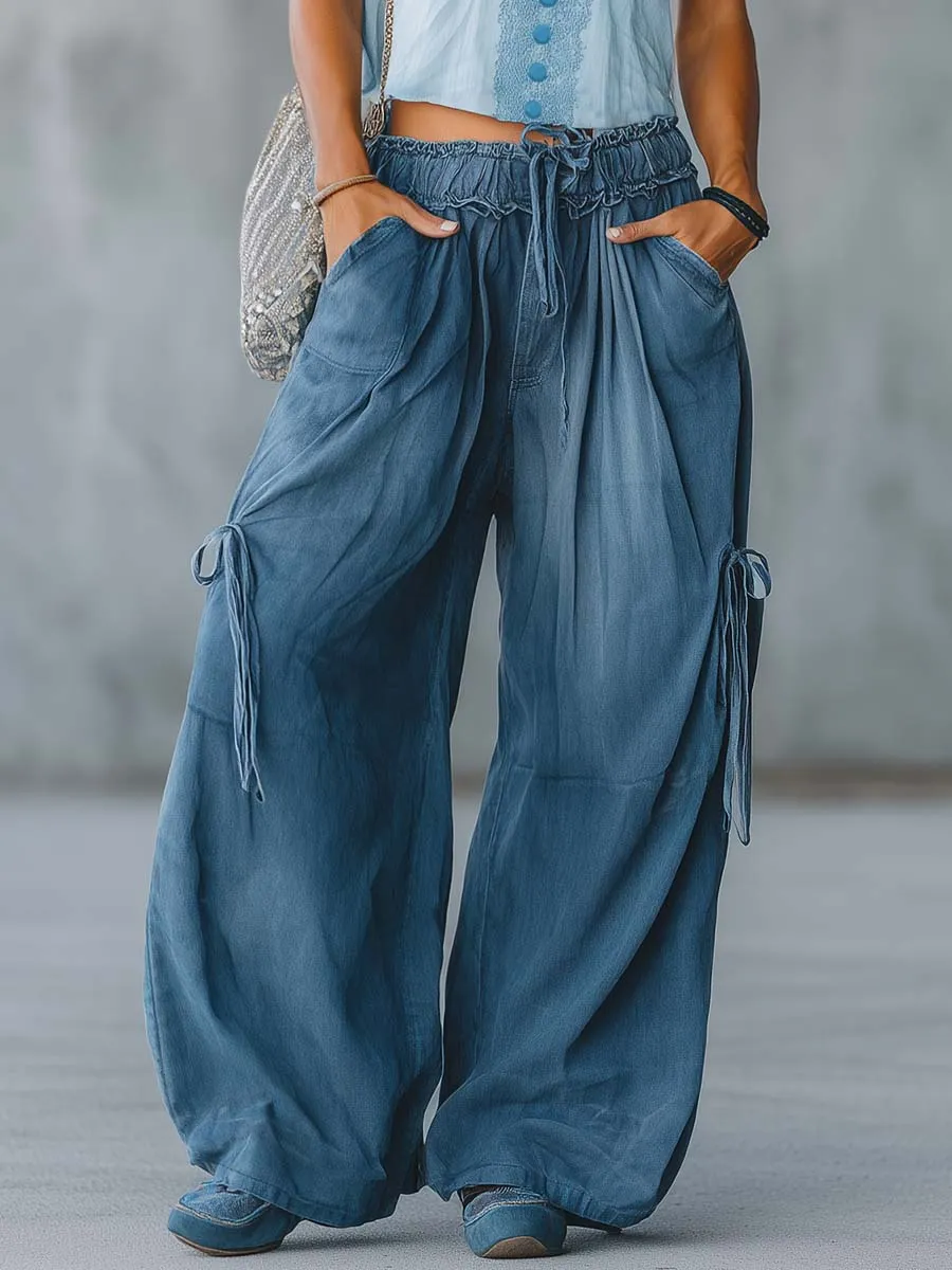 Retro-Casual Bohemian Light Blue Cotton-Linen Top And Dark Blue Denim Jeans Set sold by Oyrosy product image thumbnail 4