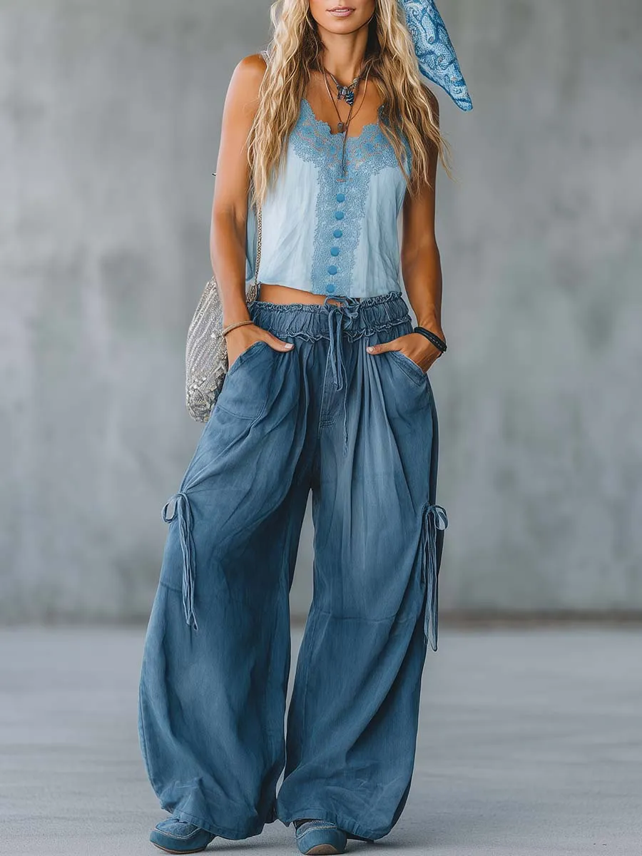 Retro-Casual Bohemian Light Blue Cotton-Linen Top And Dark Blue Denim Jeans Set sold by Oyrosy