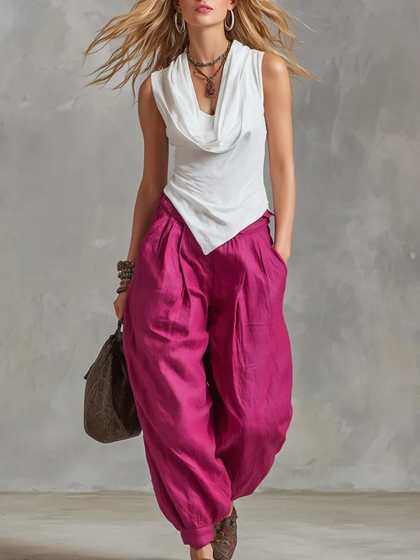 Casual Retro White Cowl-Neck Cotton Top & Fuchsia Cotton-Linen Trousers Set made by Oyrosy