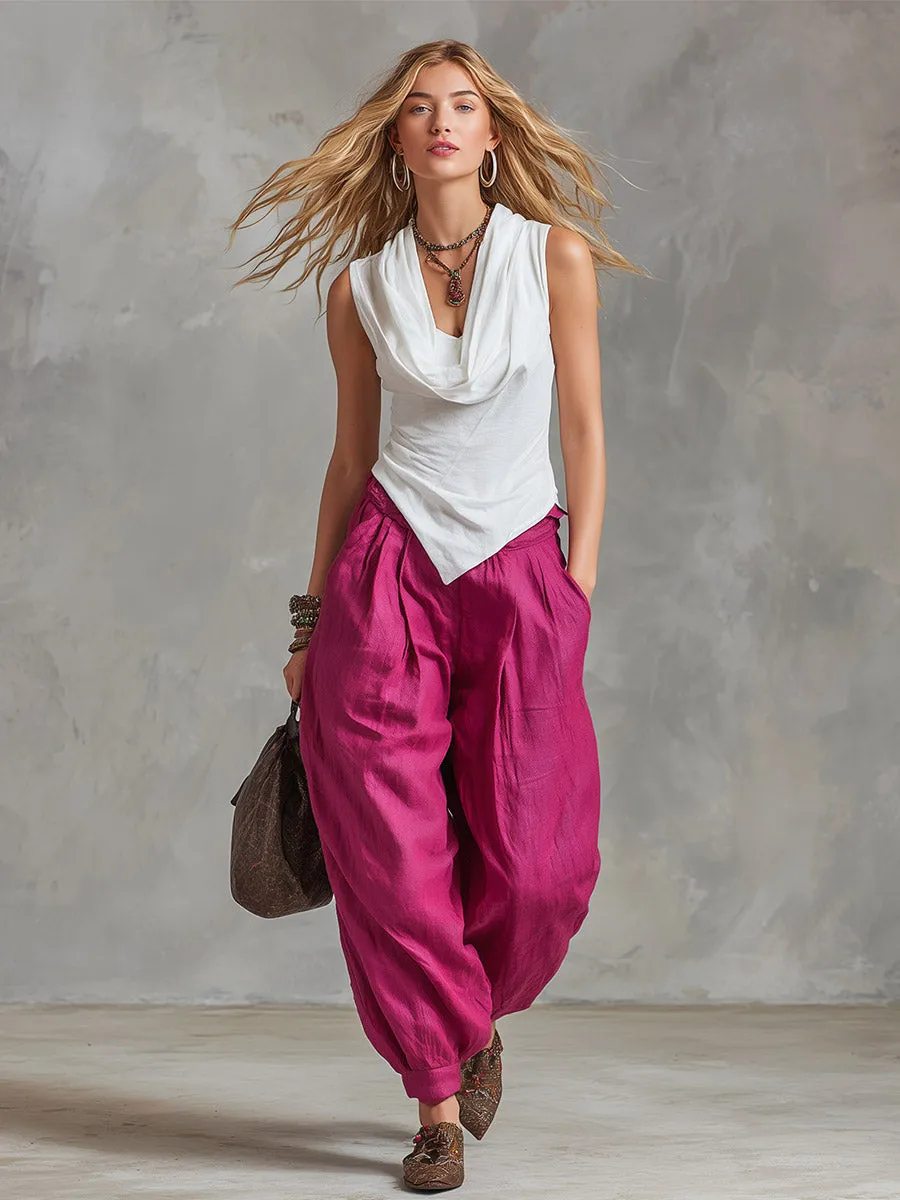 Casual Retro White Cowl-Neck Cotton Top & Fuchsia Cotton-Linen Trousers Set sold by Oyrosy product image thumbnail 2