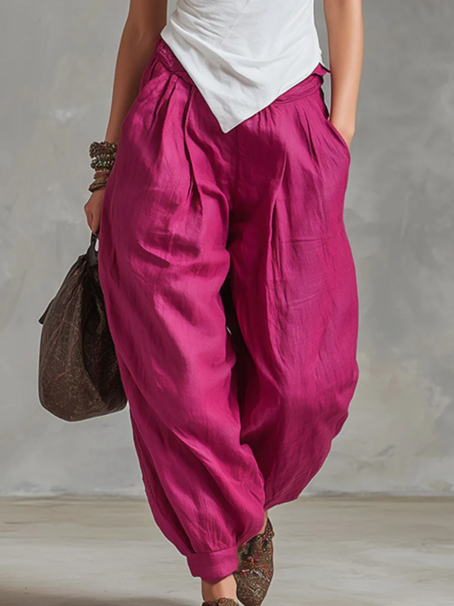 Casual Retro White Cowl-Neck Cotton Top & Fuchsia Cotton-Linen Trousers Set sold by Oyrosy product image thumbnail 4