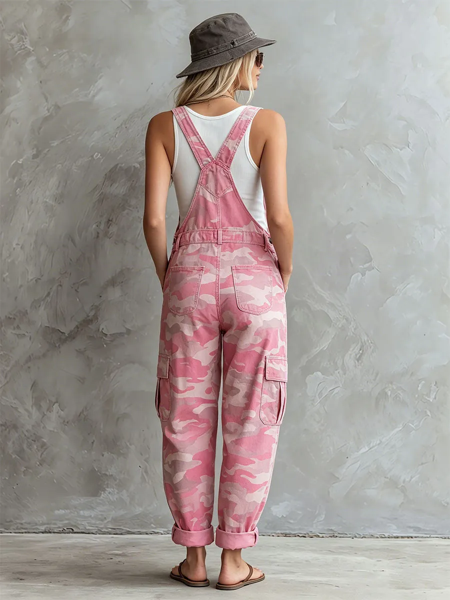Casual Retro Pink Overalls With Multiple Pockets Camouflage Denim Jumpsuit sold by Oyrosy product image thumbnail 4
