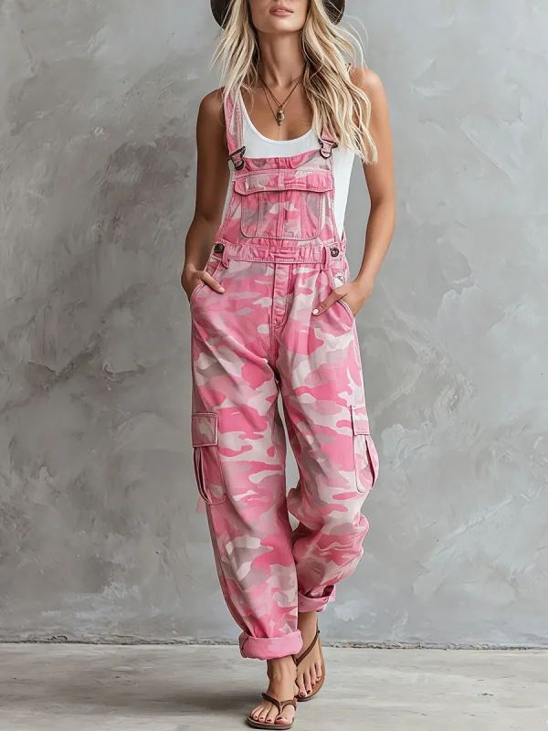 Casual Retro Pink Overalls With Multiple Pockets Camouflage Denim Jumpsuit made by Oyrosy