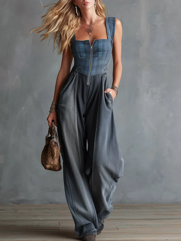 Retro-Elegant Color-Block Plaid Denim Square-Neck Jumpsuit made by Oyrosy