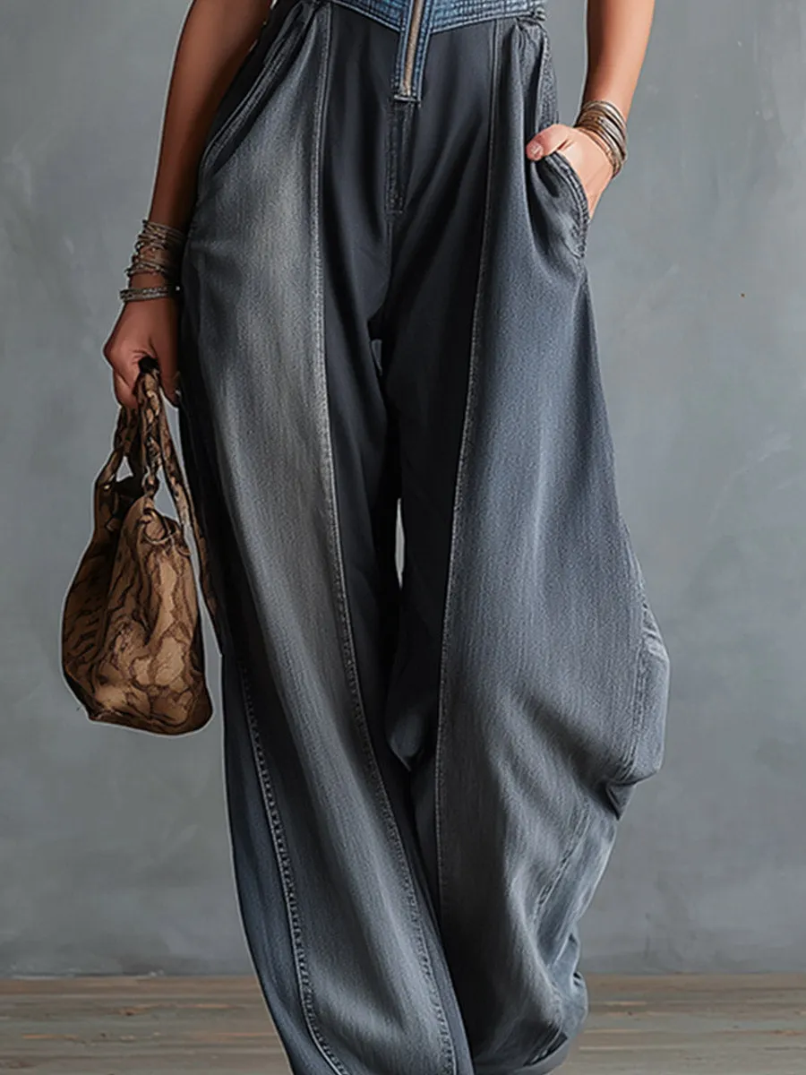 Retro-Elegant Color-Block Plaid Denim Square-Neck Jumpsuit sold by Oyrosy product image thumbnail 4