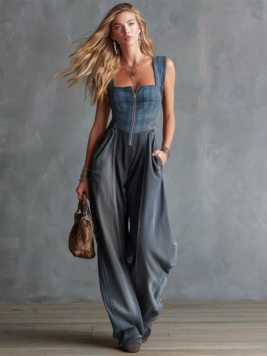 Retro-Elegant Color-Block Plaid Denim Square-Neck Jumpsuit sold by Oyrosy product image thumbnail 2