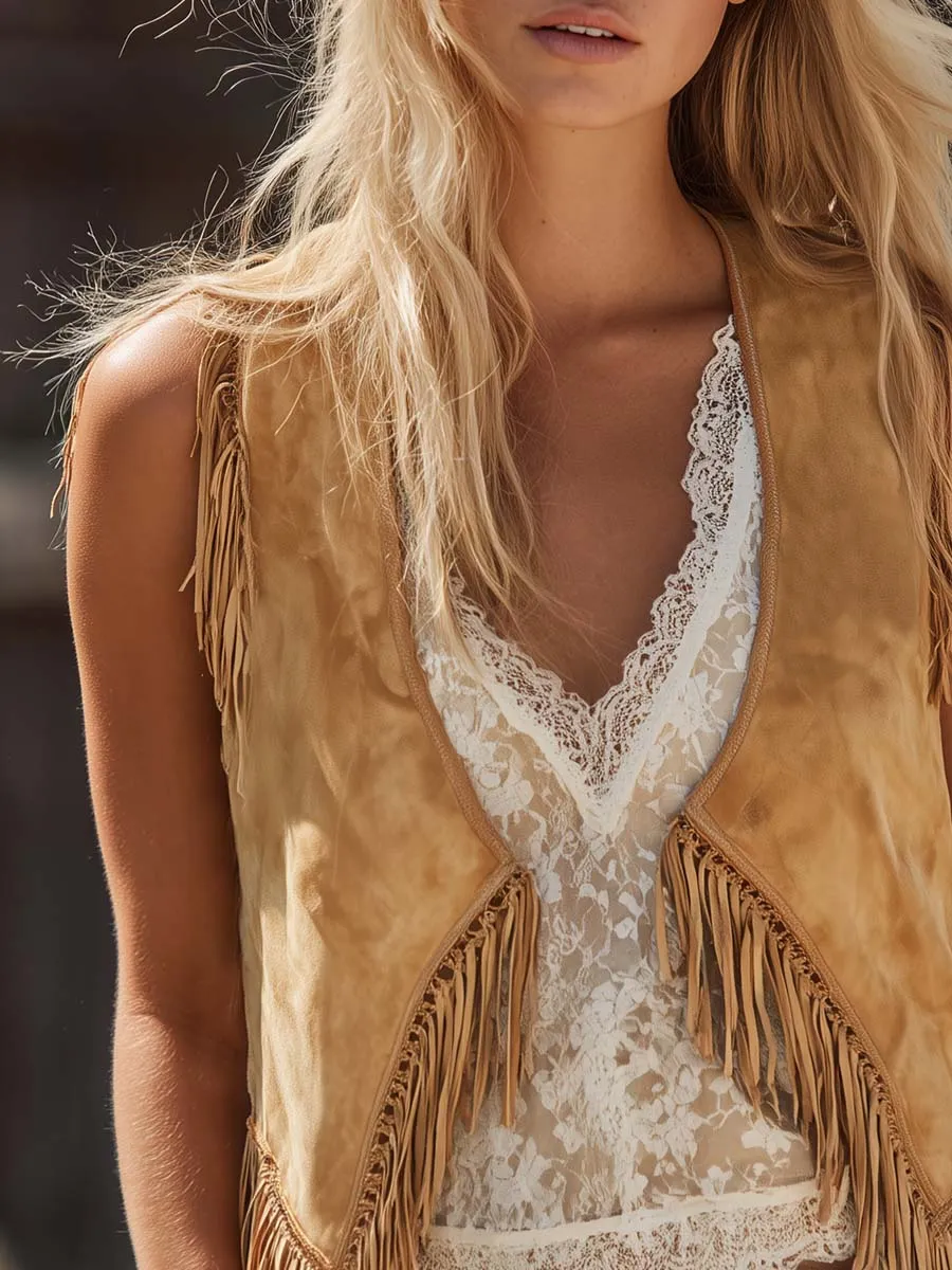 Vintage Faux Suede Fringe Vest Western Boho Lightweight Layering Piece sold by Oyrosy product image thumbnail 4
