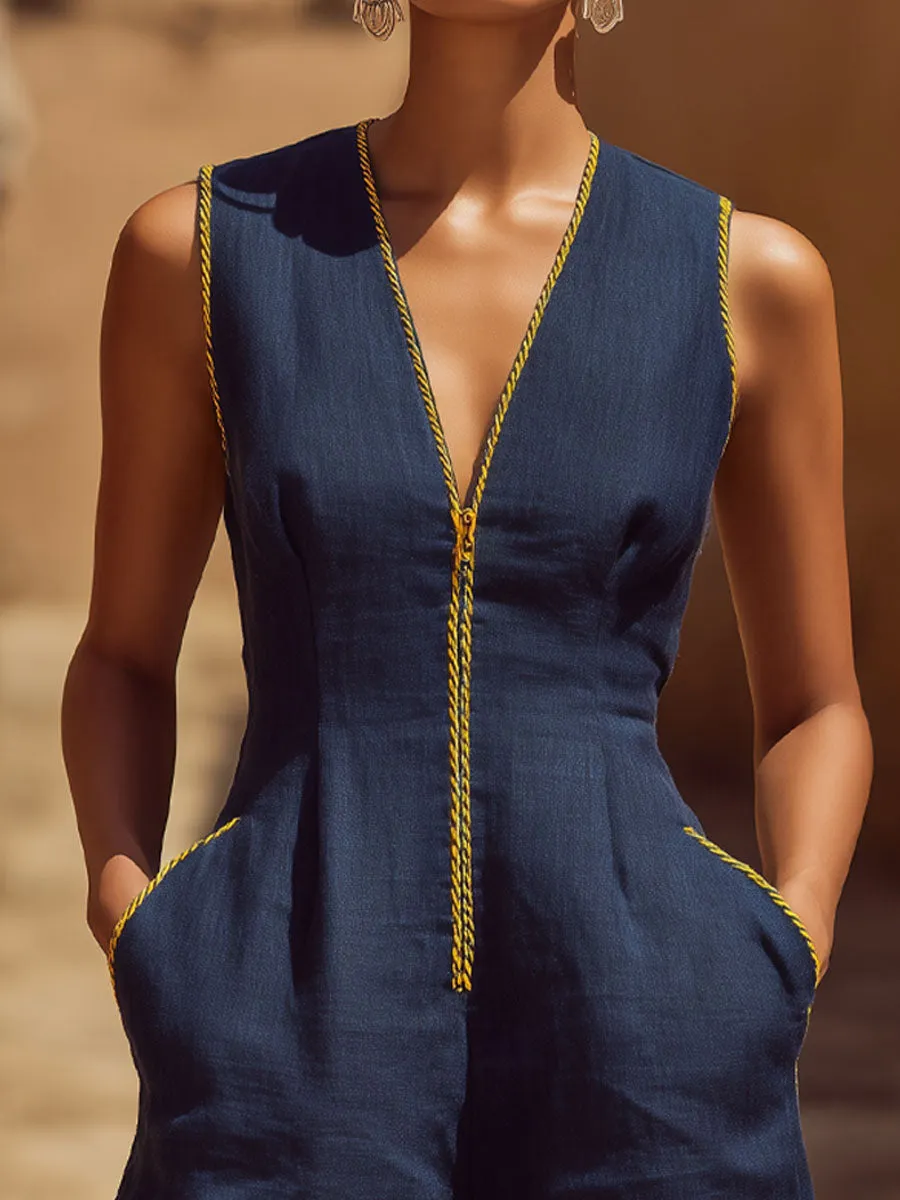 Color-blocked Cotton-linen V-neck Zipper Sleeveless Short Jumpsuit sold by Oyrosy product image thumbnail 3