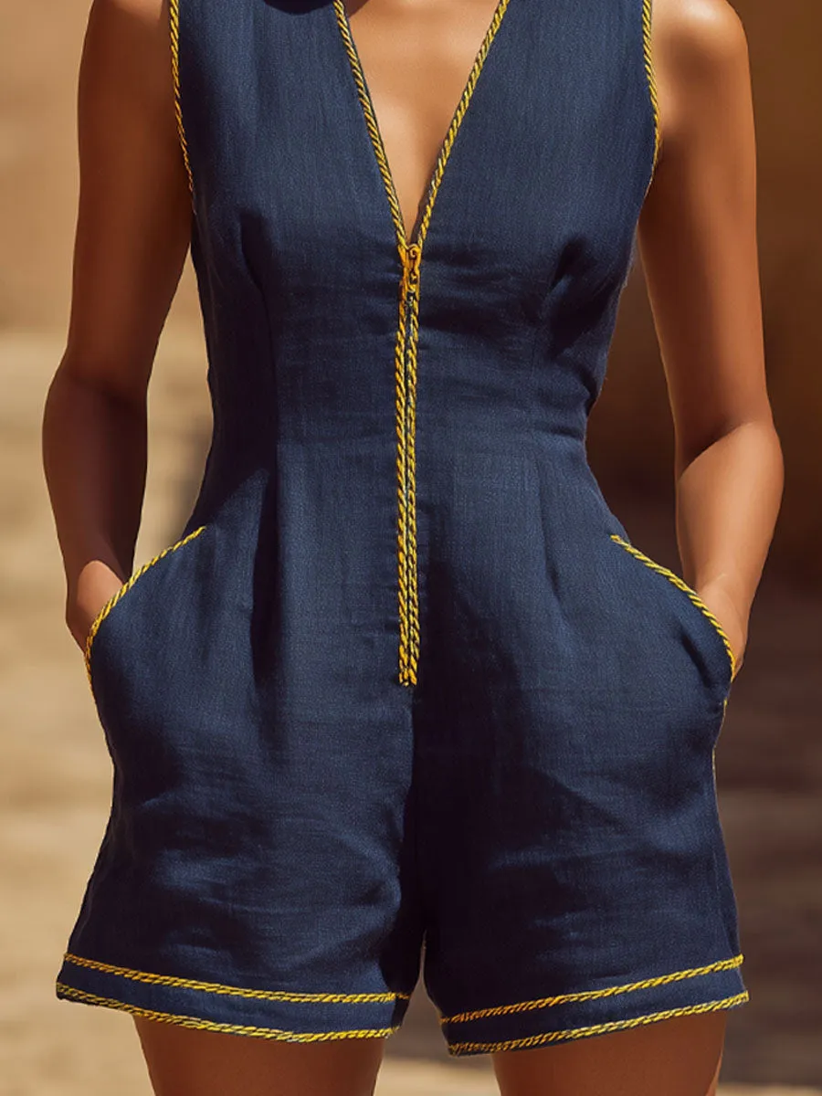 Color-blocked Cotton-linen V-neck Zipper Sleeveless Short Jumpsuit sold by Oyrosy product image thumbnail 4