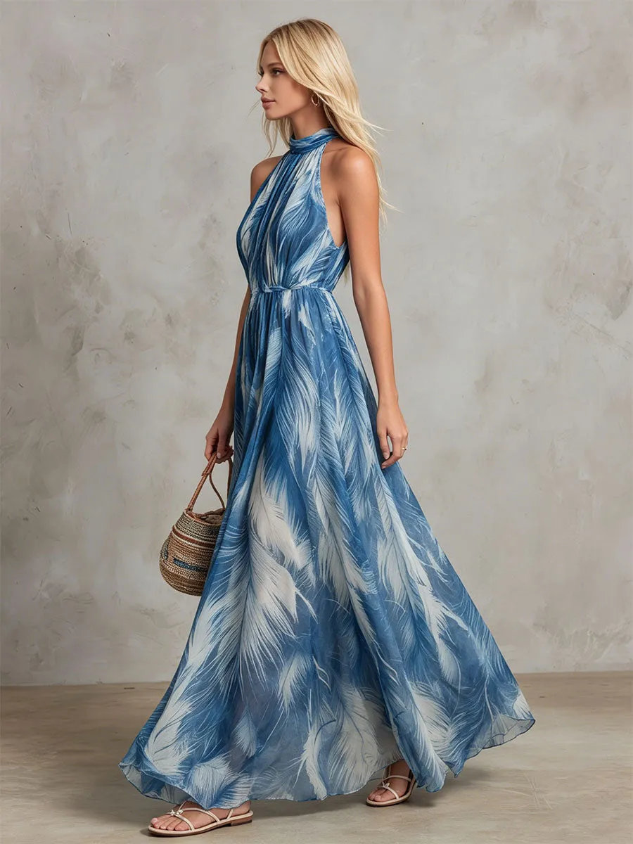 Retro Elegant Feather Print Blue Sleeveless Chiffon Maxi Dress sold by Oyrosy product image thumbnail 3