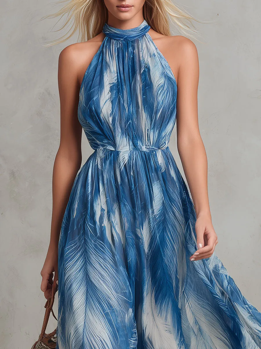Retro Elegant Feather Print Blue Sleeveless Chiffon Maxi Dress sold by Oyrosy product image thumbnail 5