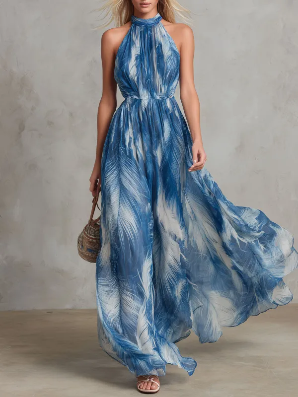 Retro Elegant Feather Print Blue Sleeveless Chiffon Maxi Dress made by Oyrosy