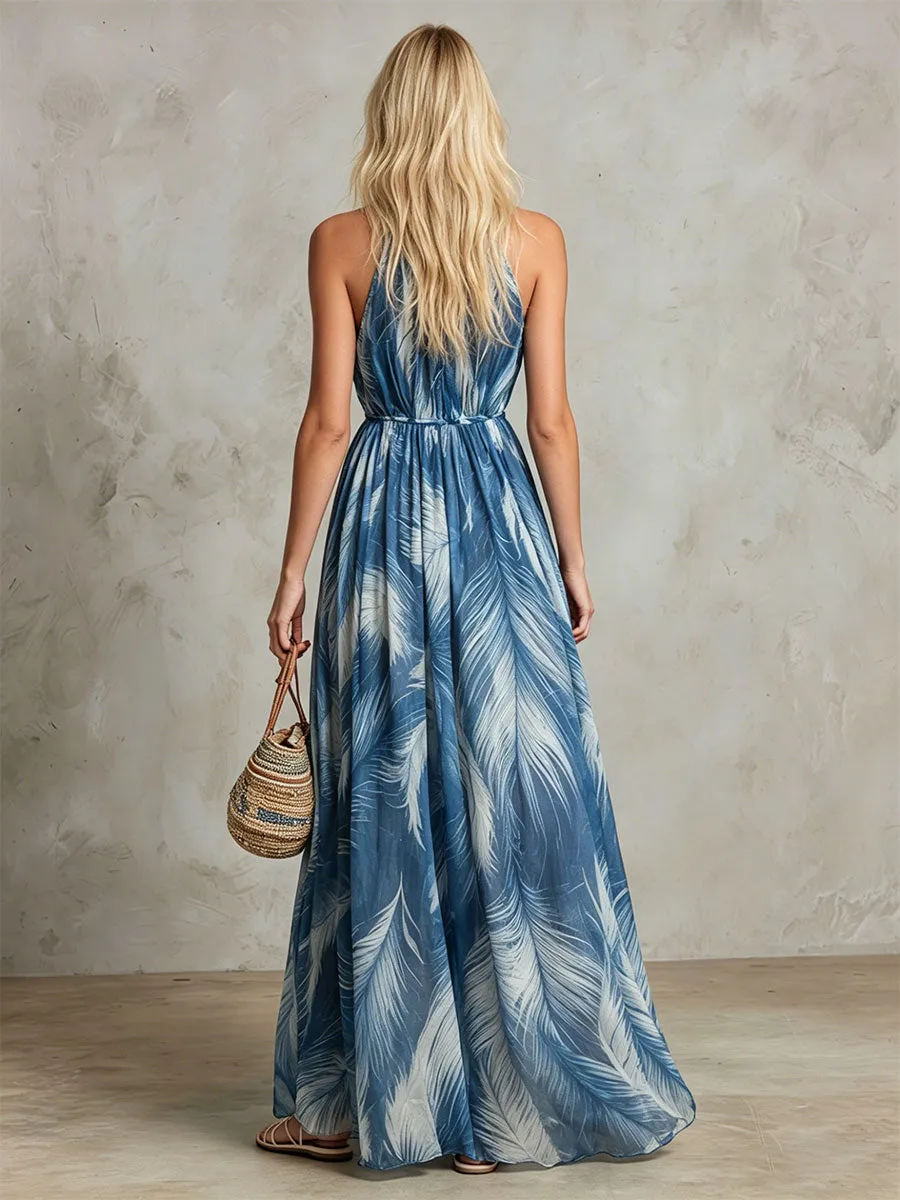 Retro Elegant Feather Print Blue Sleeveless Chiffon Maxi Dress sold by Oyrosy product image thumbnail 4