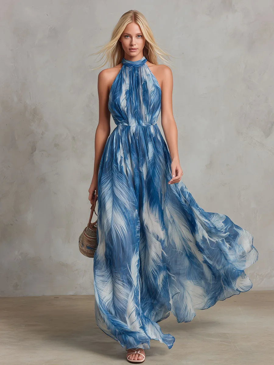 Retro Elegant Feather Print Blue Sleeveless Chiffon Maxi Dress sold by Oyrosy product image thumbnail 2