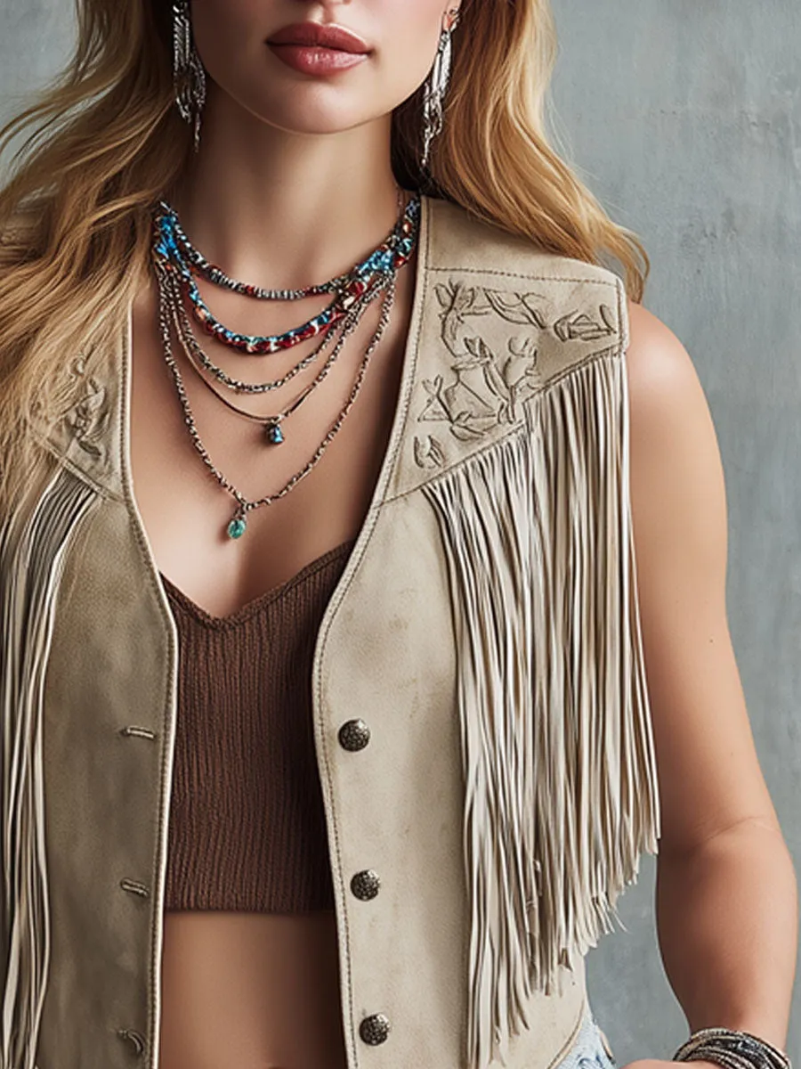 Western-style Retro Embroidered Light Khaki Faux Suede Tassel Vest sold by Oyrosy product image thumbnail 3