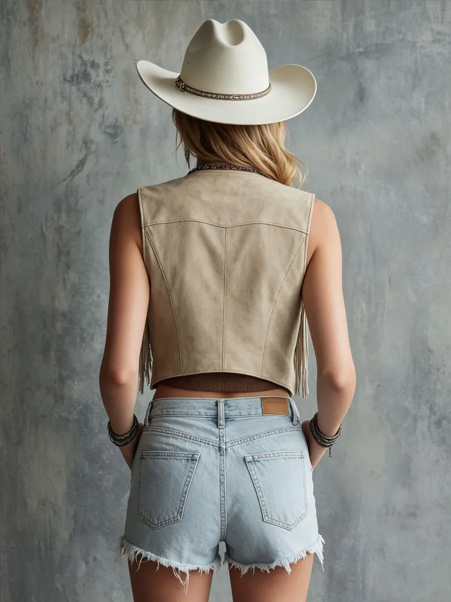 Western-style Retro Embroidered Light Khaki Faux Suede Tassel Vest sold by Oyrosy product image thumbnail 4