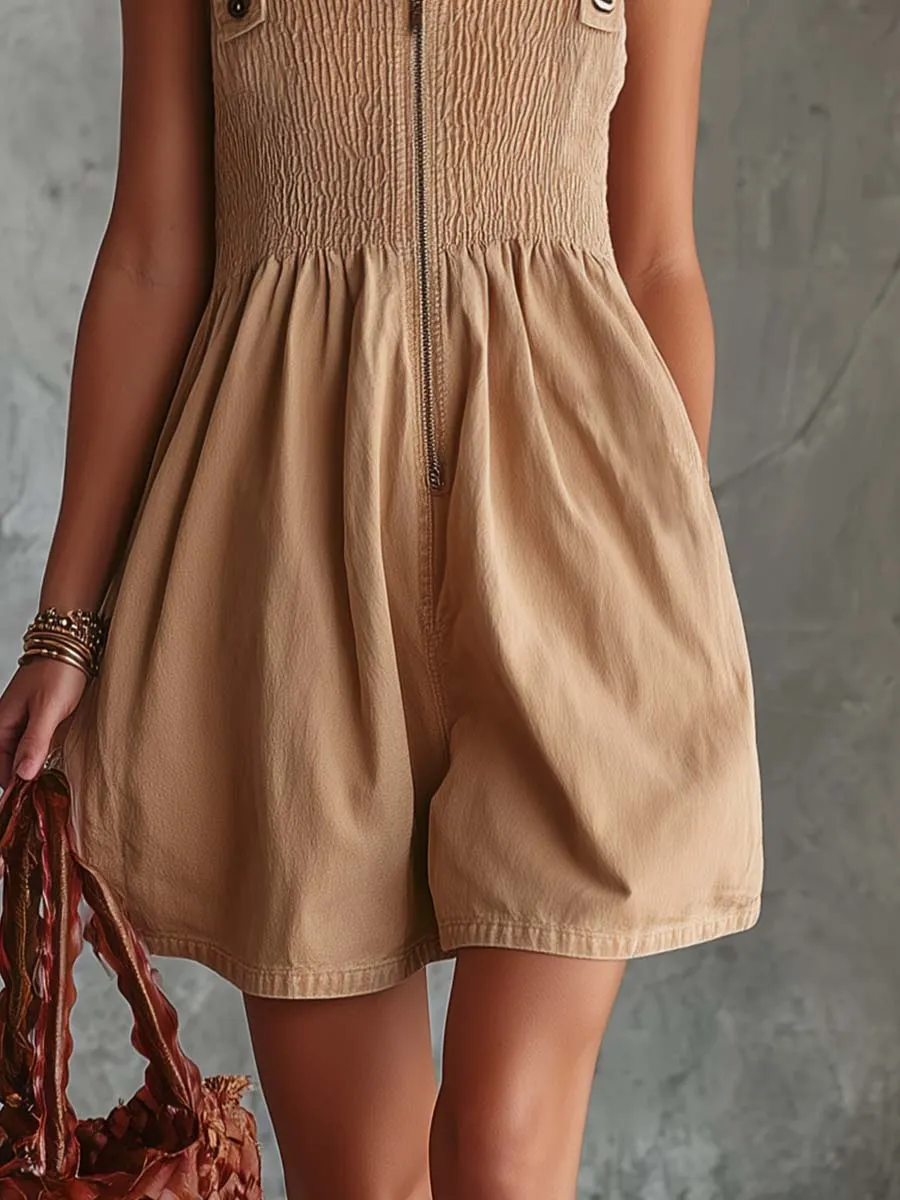Casual Fashion Square Neck Front Zipper Light Camel Denim Shorts Jumpsuit sold by Oyrosy product image thumbnail 4