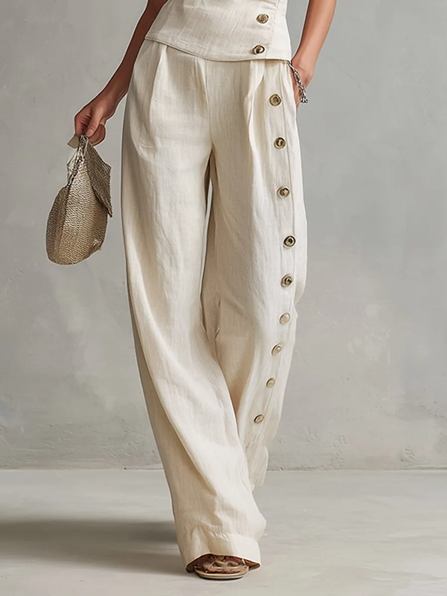 Urban Minimalist Off-White One-Shoulder Button-Detail Top & Wide-Leg Linen Trousers Set sold by Oyrosy product image thumbnail 4