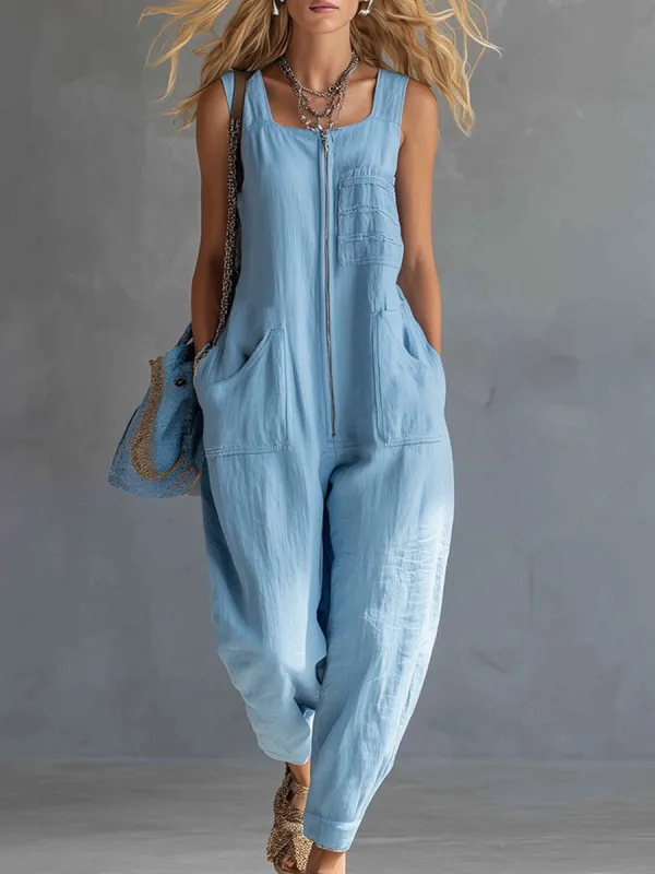 Casual & Stylish Sky-Blue Multi-Pocket Cotton-Linen Jumpsuit made by Oyrosy