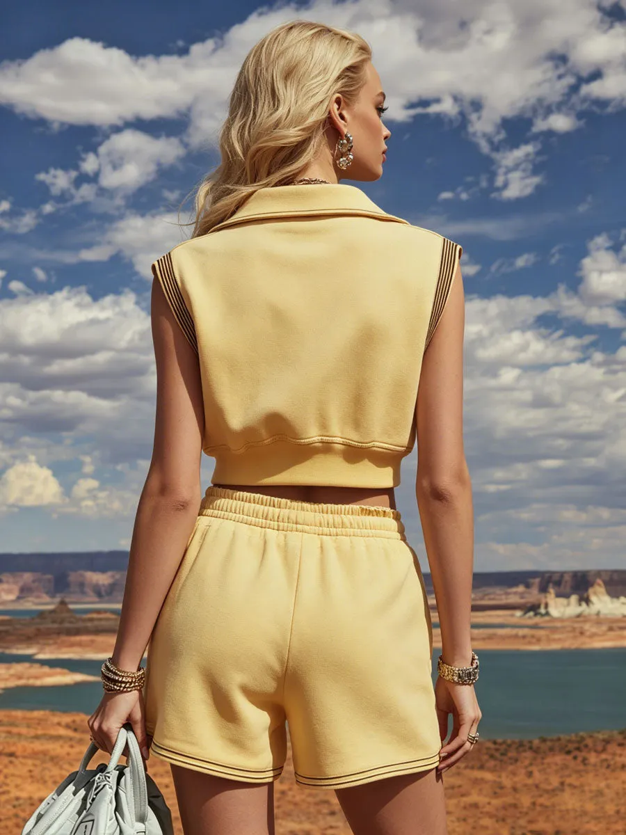 Sporty Retro Striped Light Yellow Cotton Sleeveless Zip-up Top And Shorts Set sold by Oyrosy product image thumbnail 3