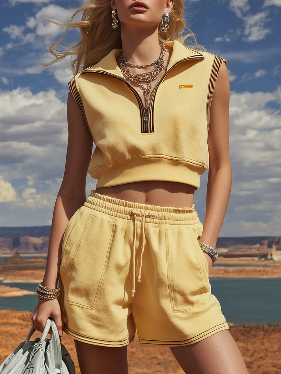 Sporty Retro Striped Light Yellow Cotton Sleeveless Zip-up Top And Shorts Set sold by Oyrosy