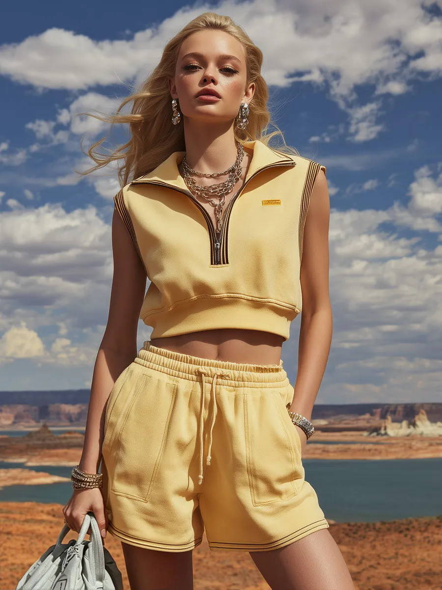 Sporty Retro Striped Light Yellow Cotton Sleeveless Zip-up Top And Shorts Set sold by Oyrosy product image thumbnail 2