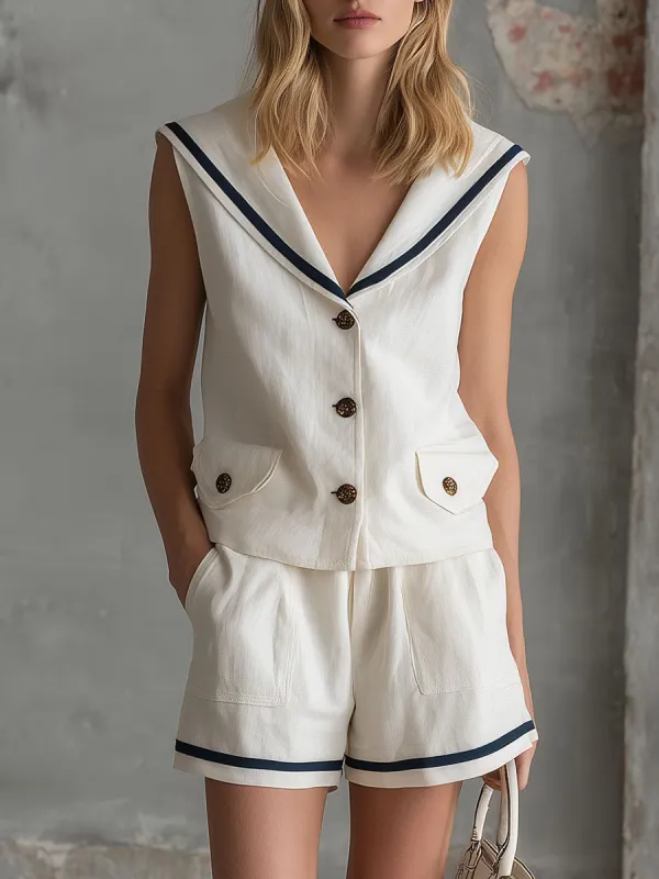 Casual Retro Color-blocked Ribbon White Collar Cotton Linen Shirt And Shorts Set made by Oyrosy