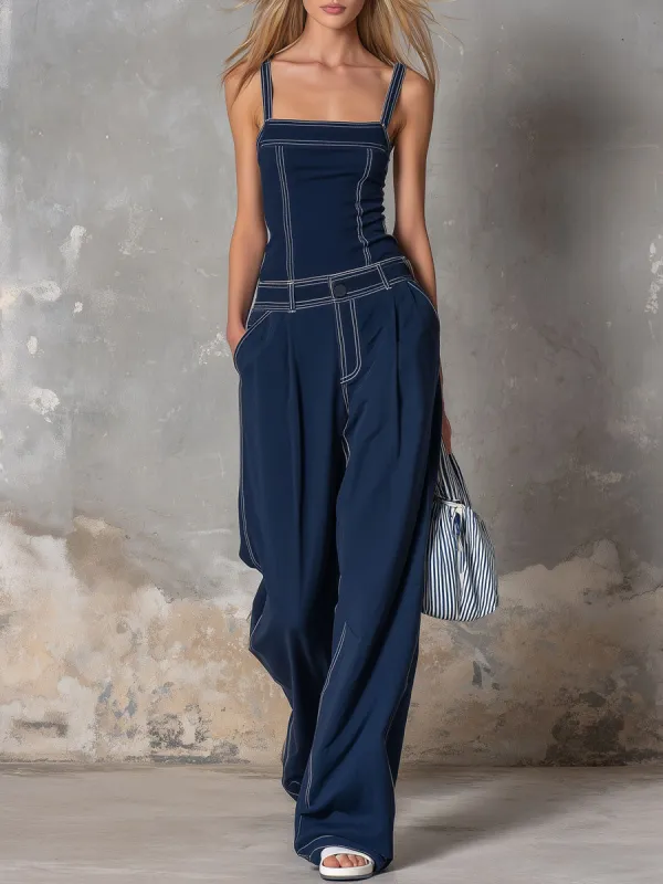 Casual Retro Blue Cotton Vest And Trousers Set made by Oyrosy