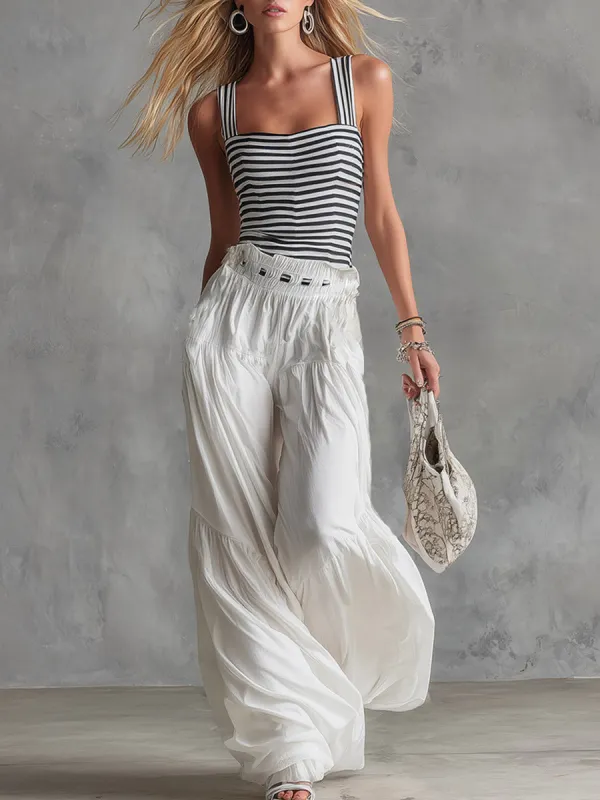 Chic And Elegant Black Striped Spaghetti-Strap Top And White Wide-Leg Pants Set made by Oyrosy