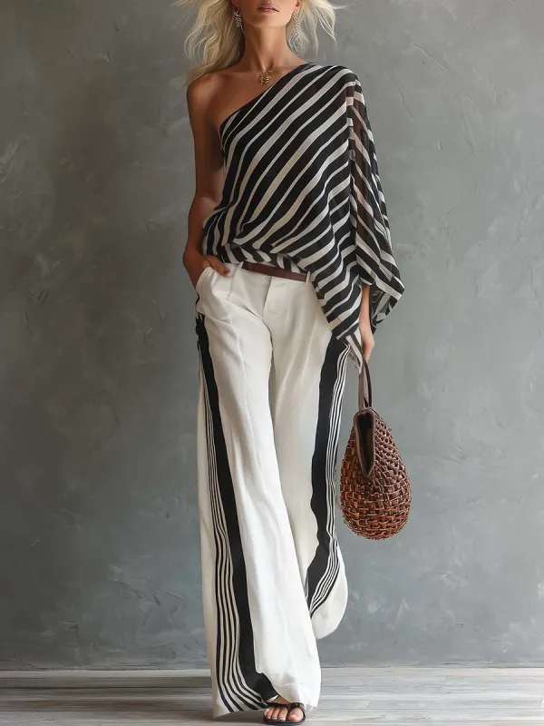 Casual Fashion One-Shoulder Striped Top And Pants Set made by Oyrosy