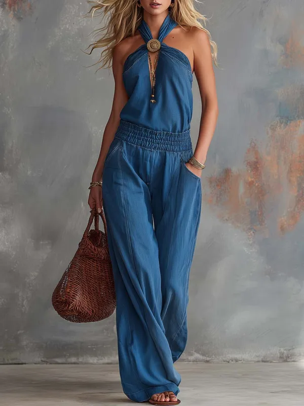 Retro Casual Blue Washed Denim Wide-Leg Halter Jumpsuit made by Oyrosy