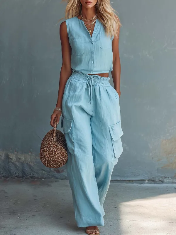 Casual Fashion Light Blue Cotton-Linen Crew-Neck Top And Wide-Leg Pants Set made by Oyrosy
