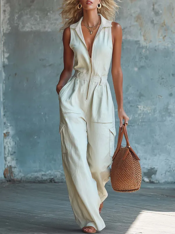 Casual Fashion Lapel Front Zipper White Cotton-Linen Jumpsuit made by Oyrosy