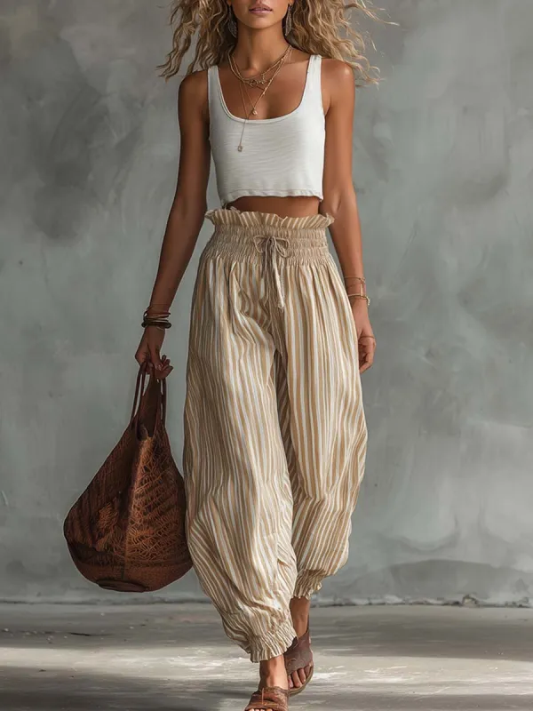 Casual Fashion Retro White Tank Top And Light Brown Striped Lantern Pants Set made by Oyrosy
