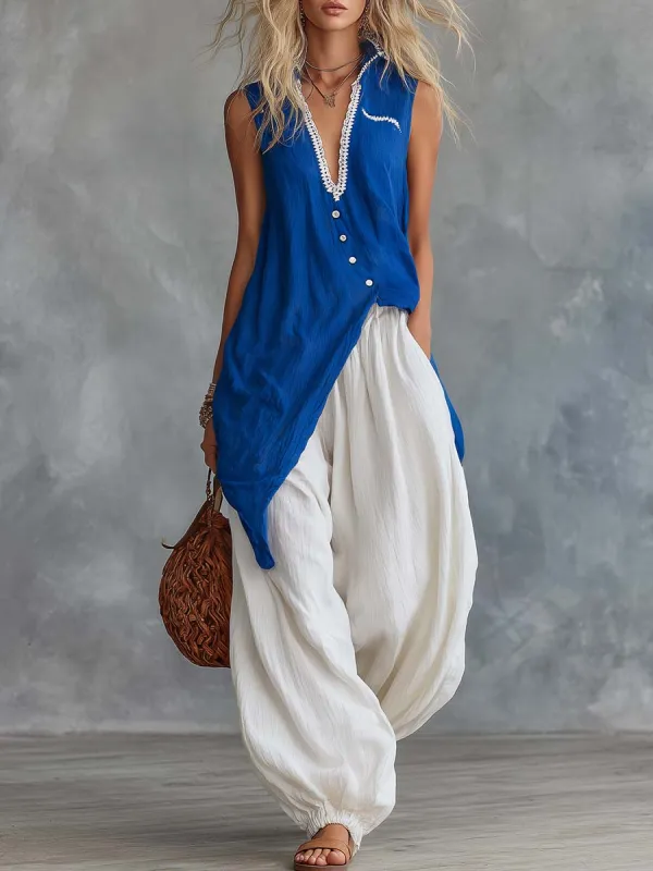 Retro-Casual Vacation Royal Blue Cotton-Linen V-Neck Top And White Pants Set made by Oyrosy