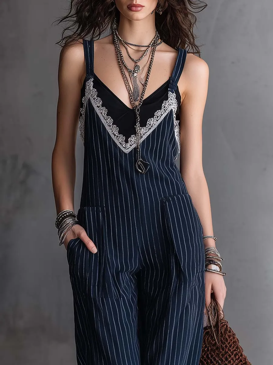 Vintage-style Lace V-neck Dark Blue Pinstriped Overalls Jumpsuit sold by Oyrosy product image thumbnail 3