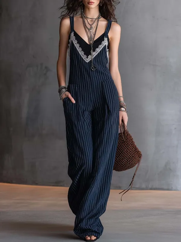 Vintage-style Lace V-neck Dark Blue Pinstriped Overalls Jumpsuit made by Oyrosy