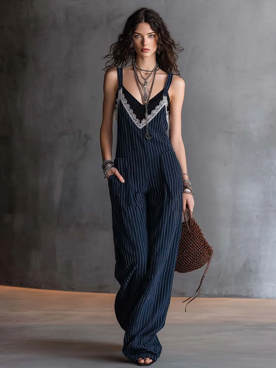 Vintage-style Lace V-neck Dark Blue Pinstriped Overalls Jumpsuit sold by Oyrosy product image thumbnail 2