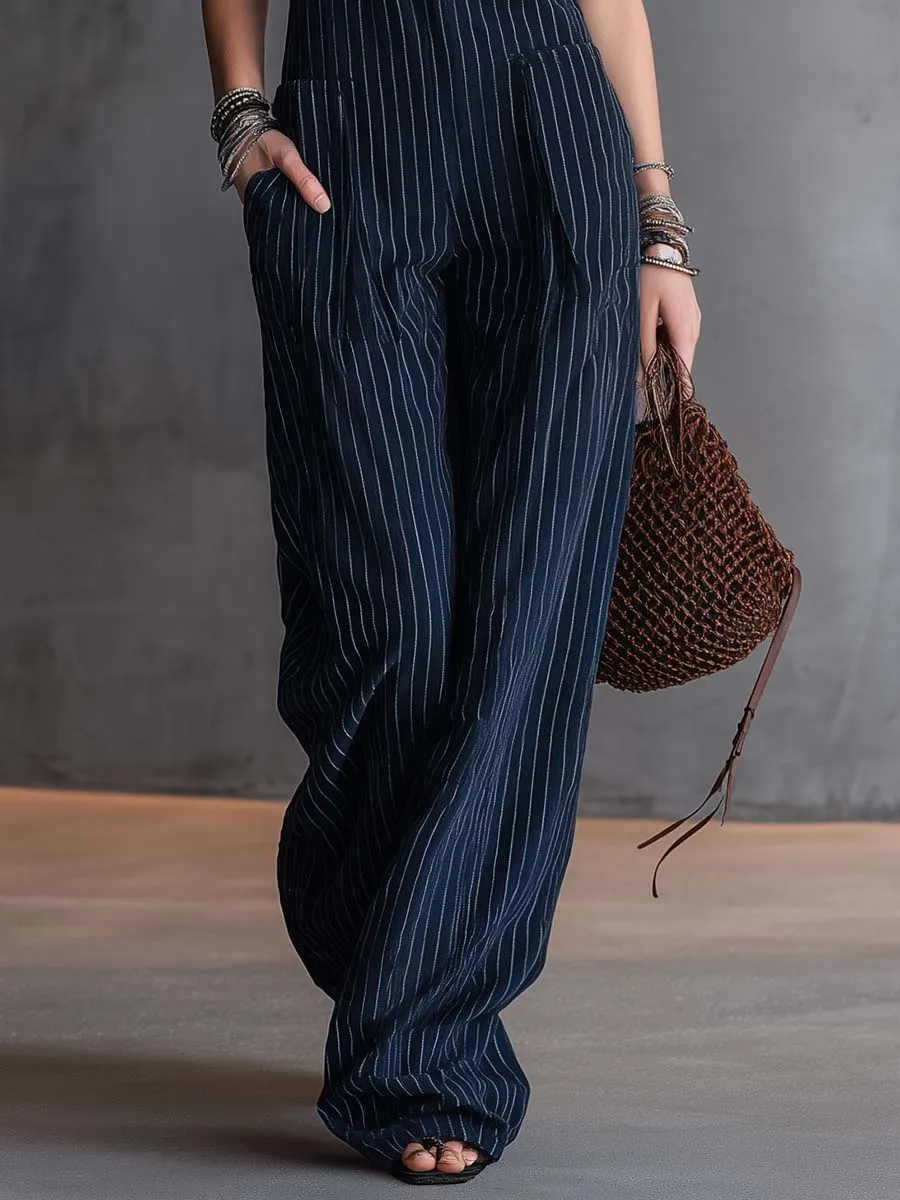 Vintage-style Lace V-neck Dark Blue Pinstriped Overalls Jumpsuit sold by Oyrosy product image thumbnail 4