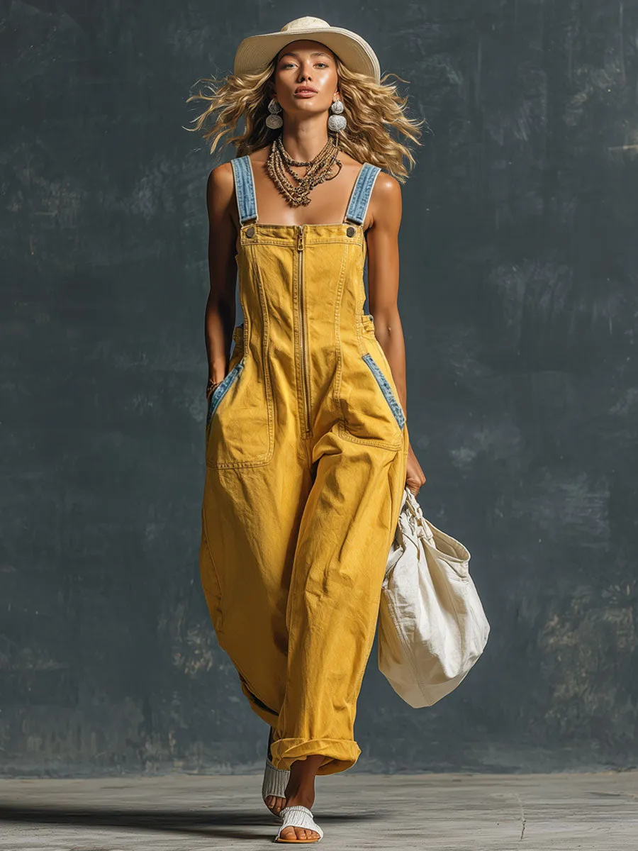 Western Retro Blue And Yellow Denim Vest-style Zip-up Jumpsuit sold by Oyrosy product image thumbnail 2