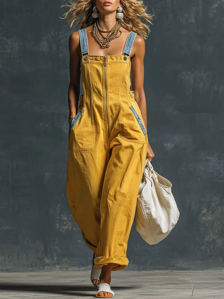 Western Retro Blue And Yellow Denim Vest-style Zip-up Jumpsuit sold by Oyrosy