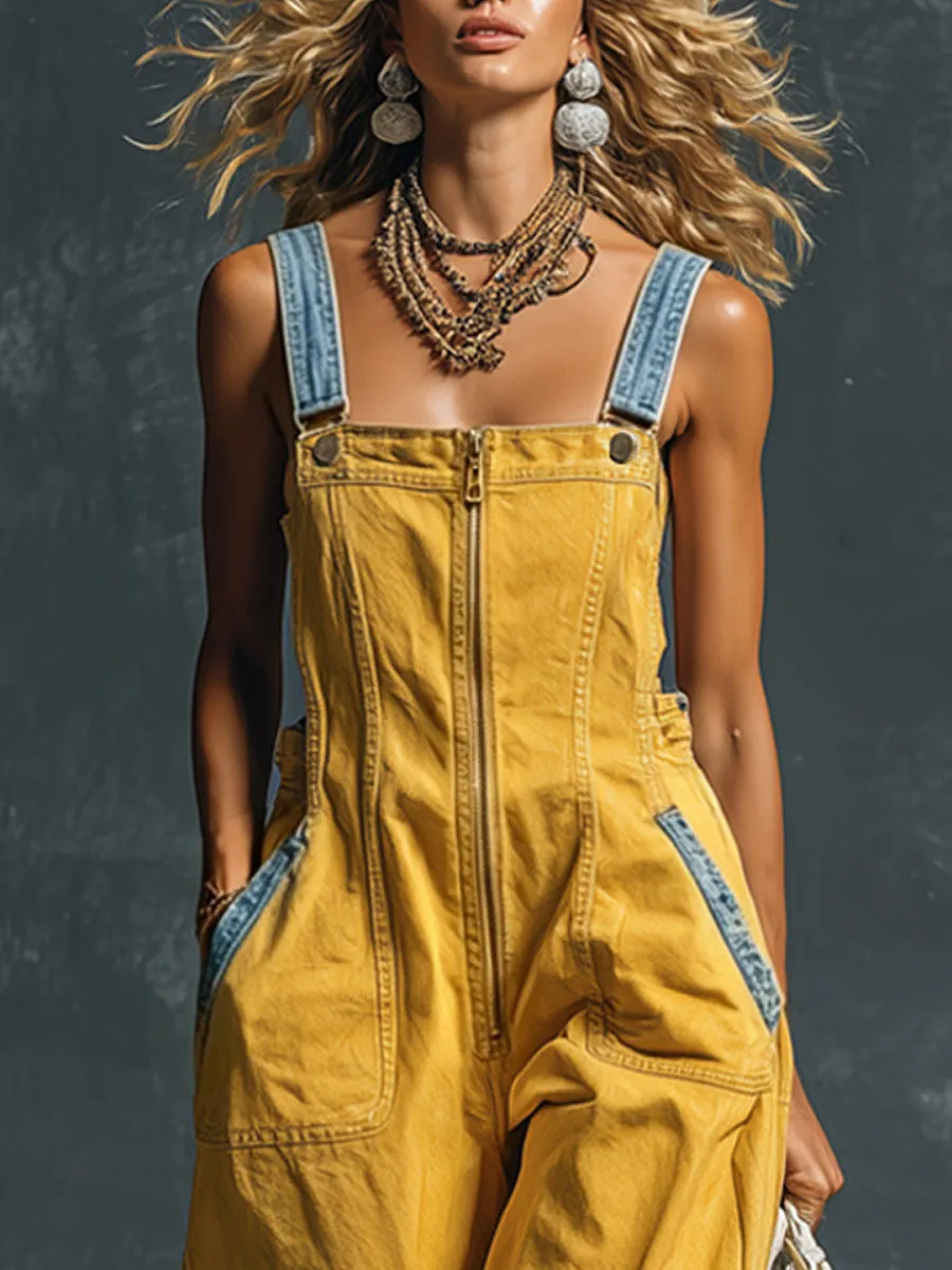 Western Retro Blue And Yellow Denim Vest-style Zip-up Jumpsuit sold by Oyrosy product image thumbnail 5